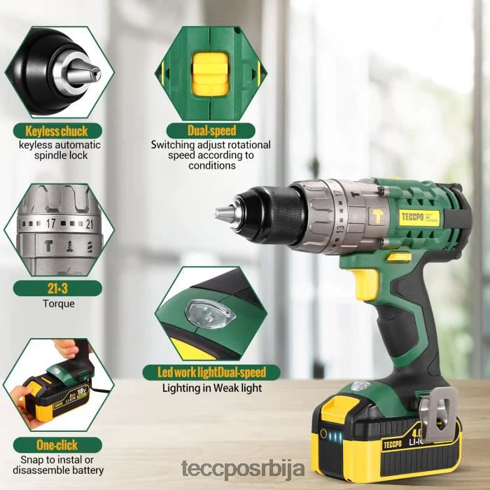 бушилице и возачи TECCPO акумулаторска ударна бушилица 2.0/4.0ах батерија са 30/34ком прибора X0JL869